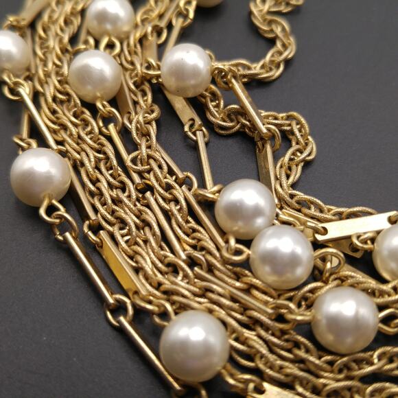 Vintage 1960s Faux Pearl Ten Strand Gold Tone Necklace - Picture 8 of 10
